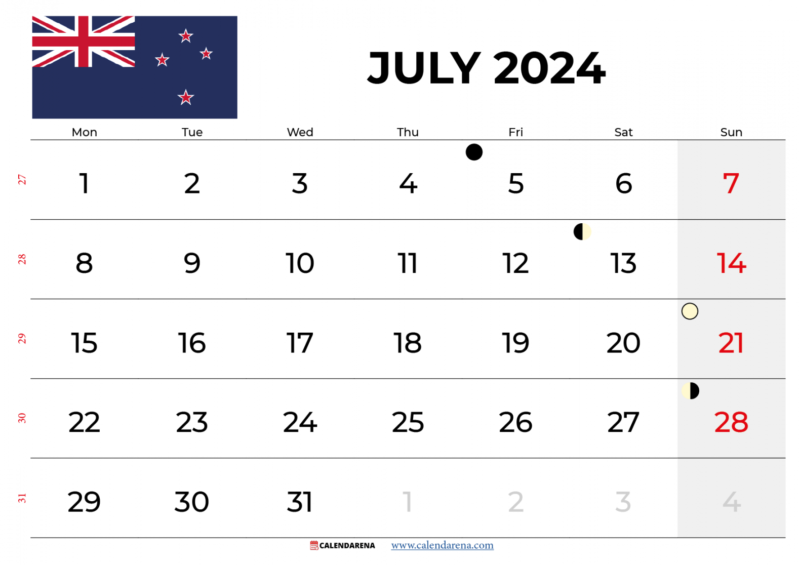 July Calendar  NZ