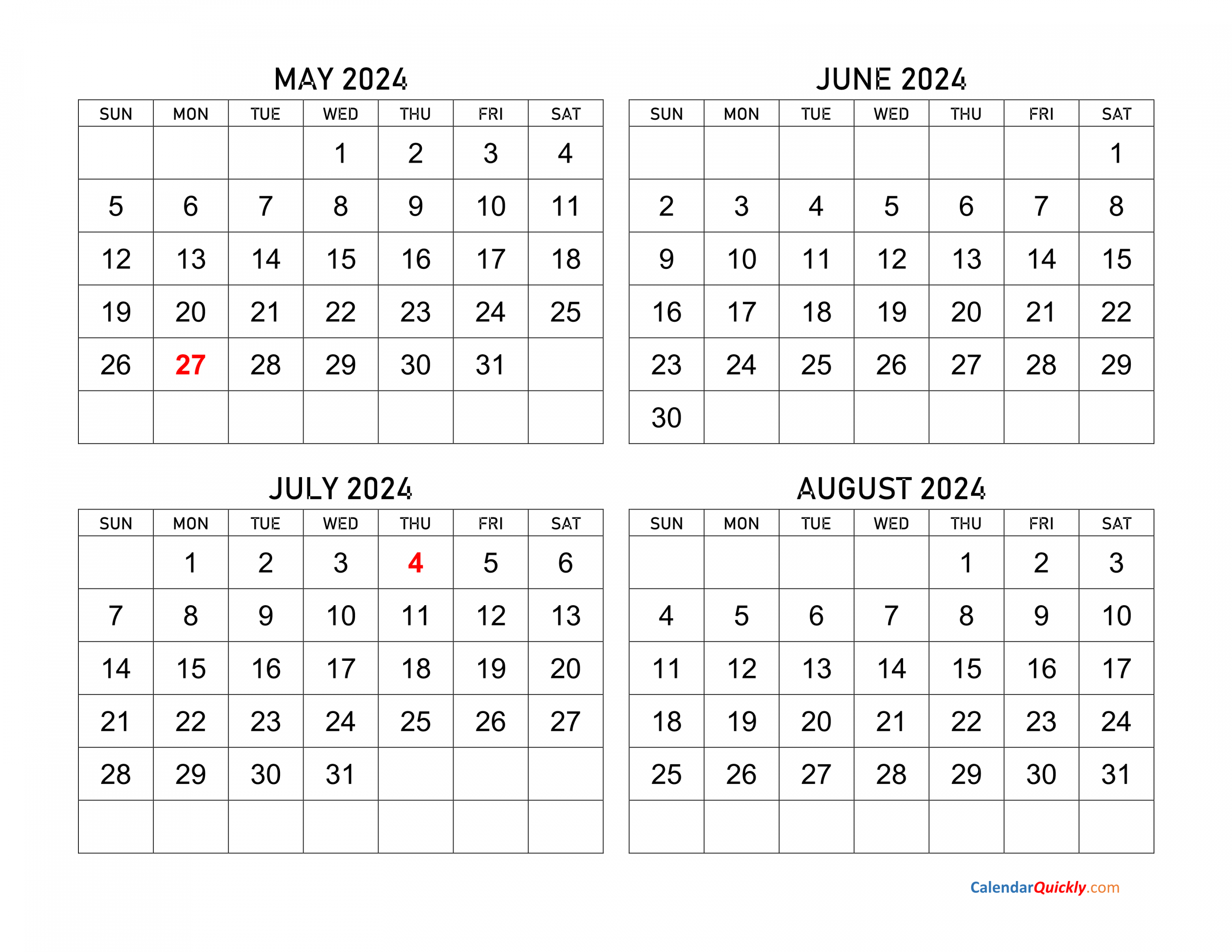 May to August  Calendar  Calendar Quickly