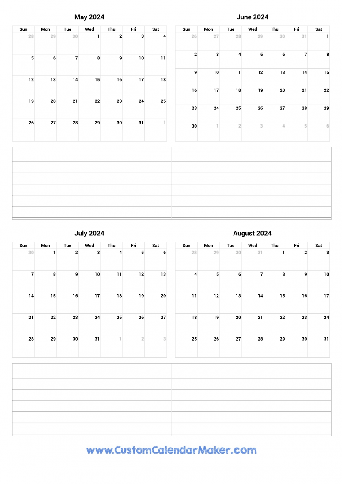 May to August  Printable Calendar