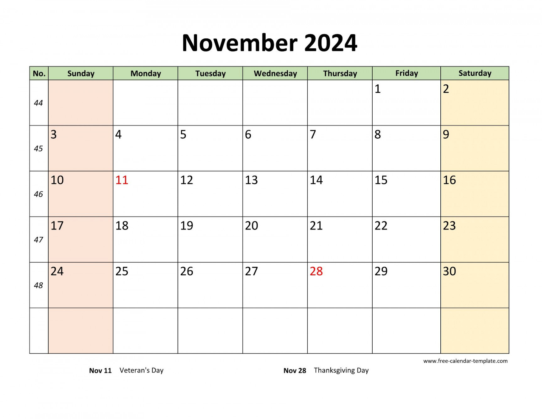 November  Calendar Printable with coloring on weekend