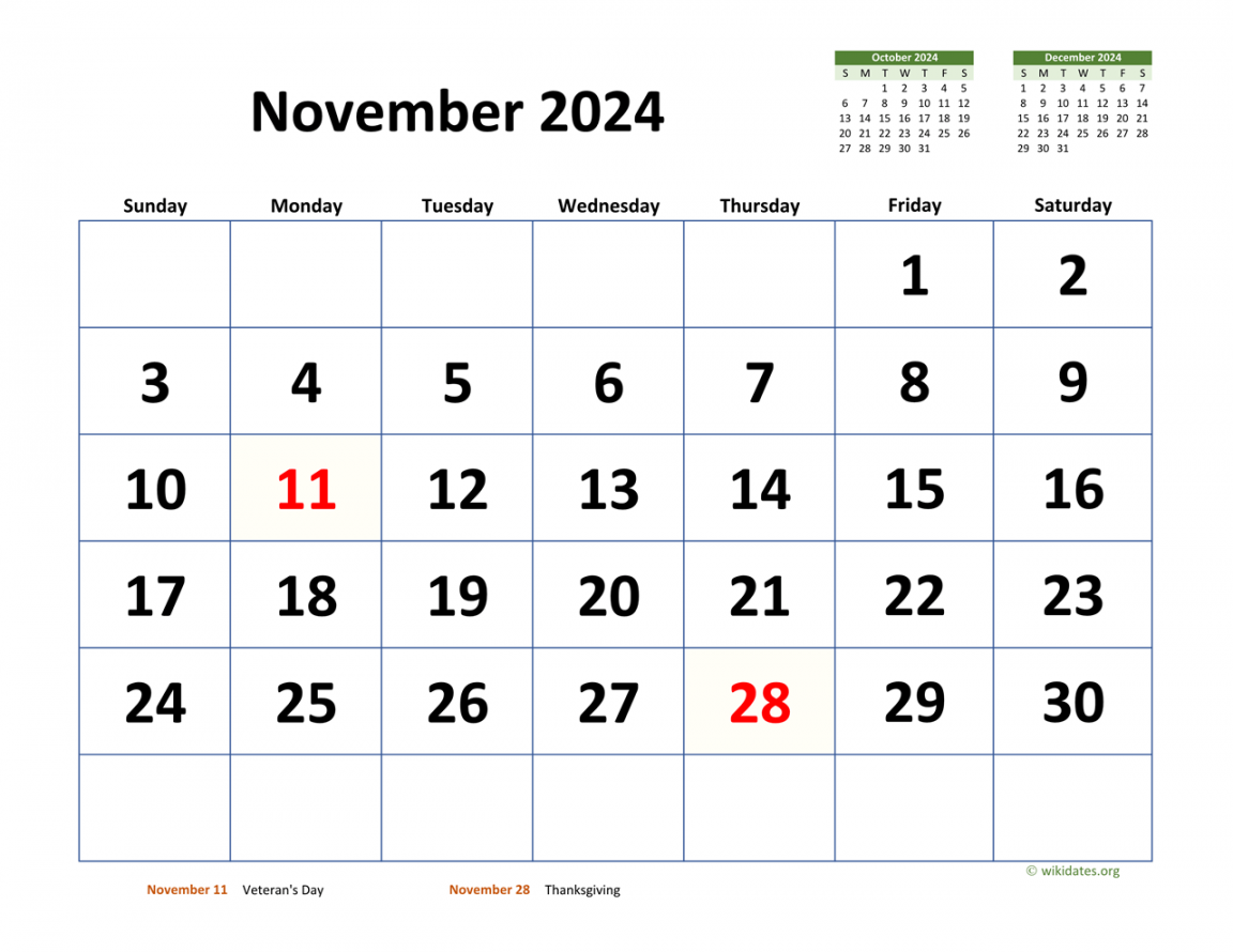 November  Calendar with Extra-large Dates  WikiDates