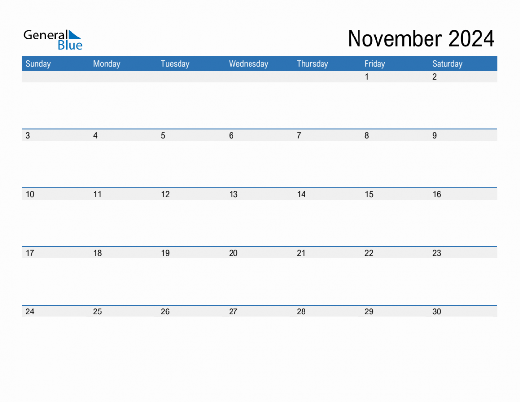 November  Monthly Calendar (PDF, Word, Excel)