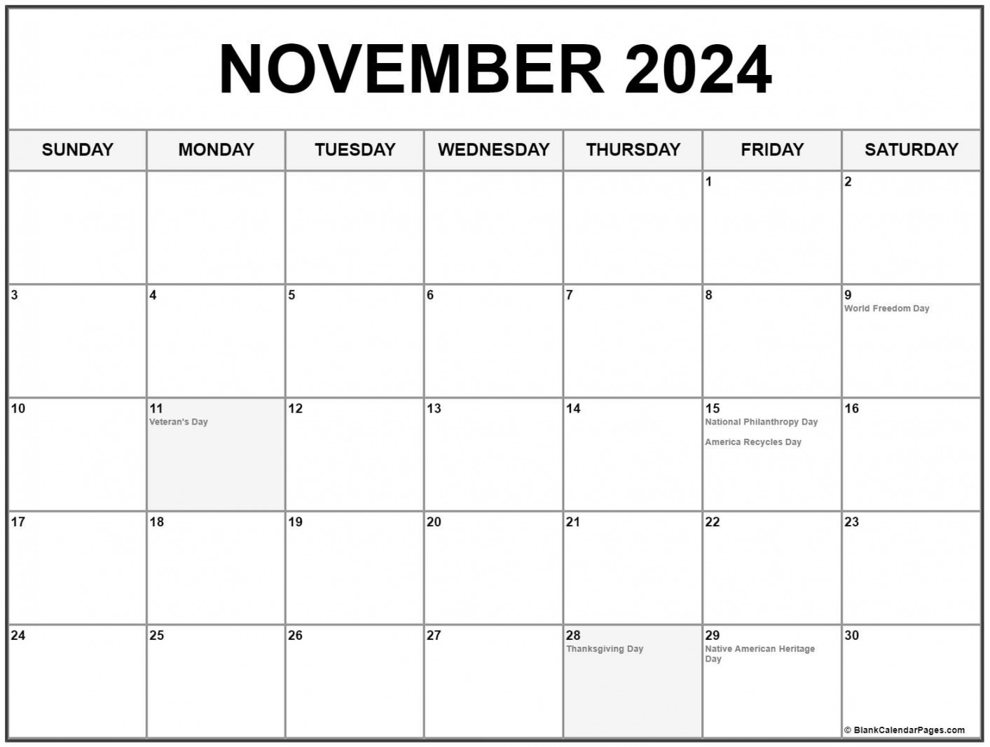 November  with holidays calendar