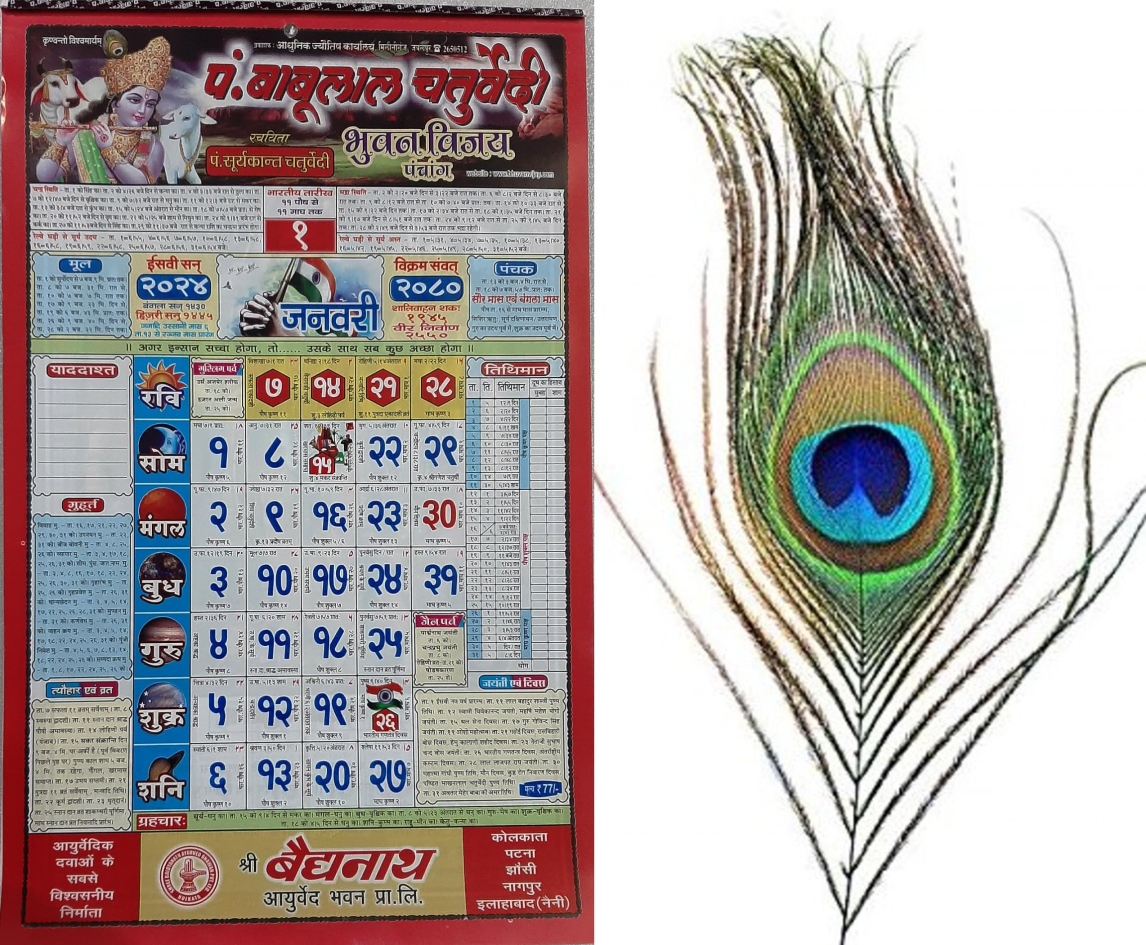 Pandit Babulal Chaturvedi Panchang  Calendar New Year Hindi Panchang   With  original mor pankh, peacock feather