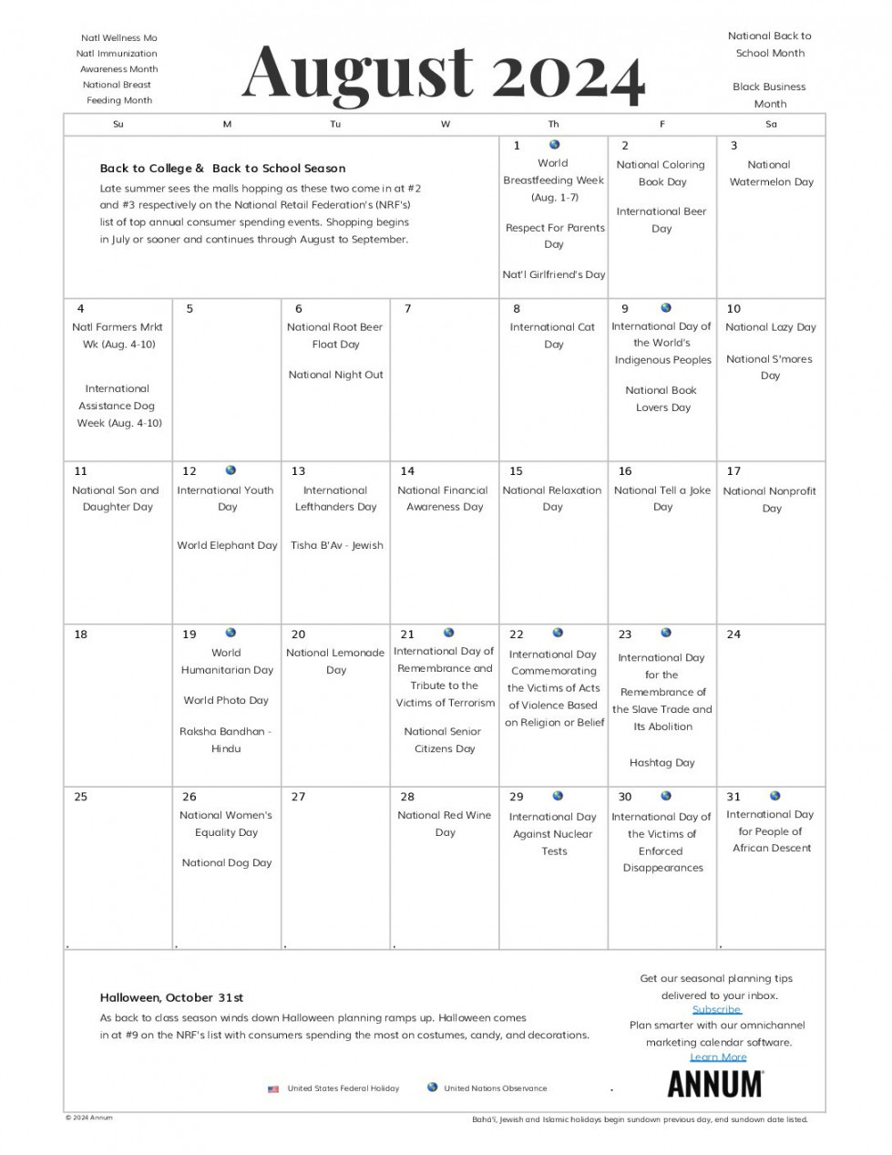 Printable August  Calendar  August Holidays  Annum