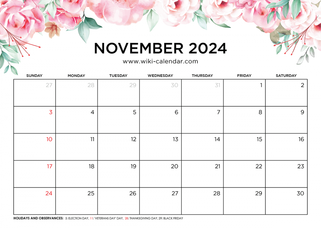 Printable November  Calendar Templates with Holidays - Wiki