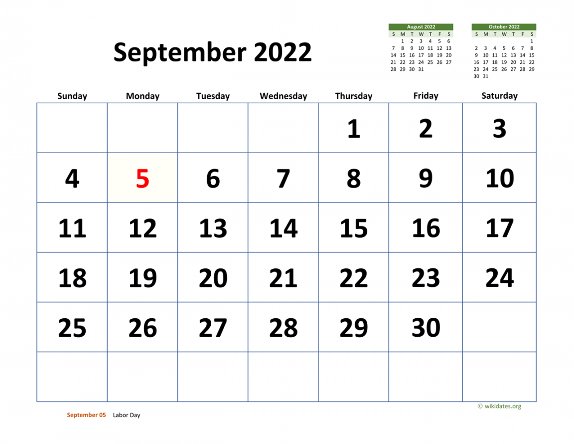 September  Calendar with Extra-large Dates  WikiDates