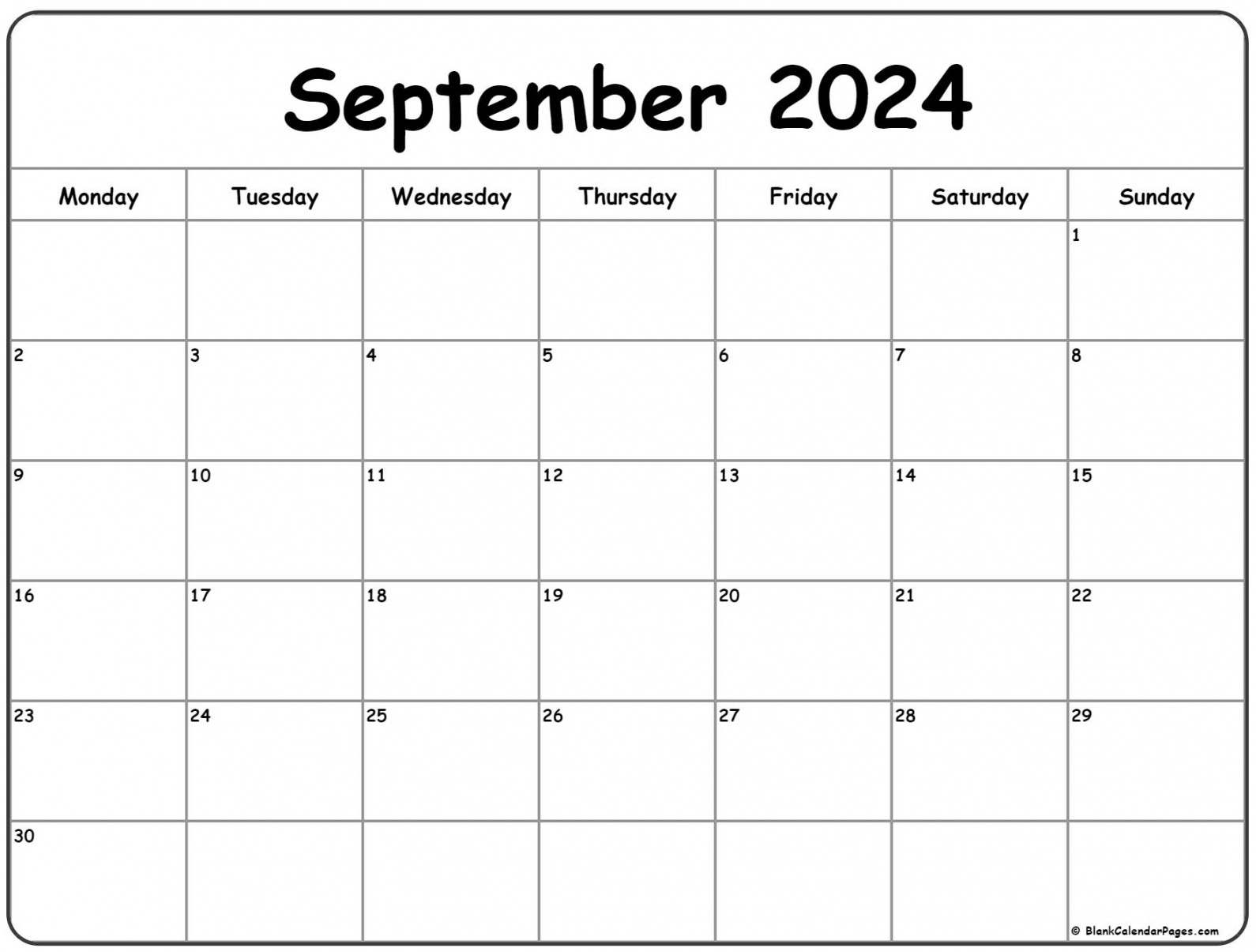 September  Monday Calendar  Monday to Sunday