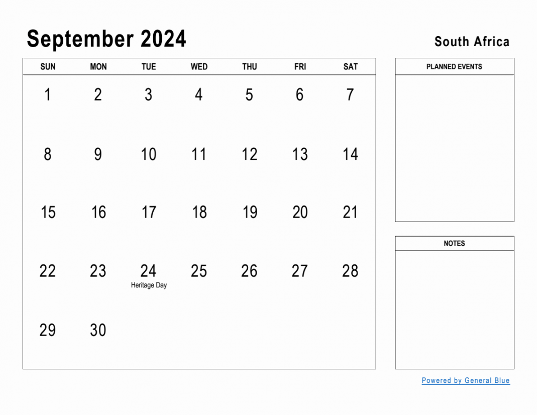 September  Planner with South Africa Holidays