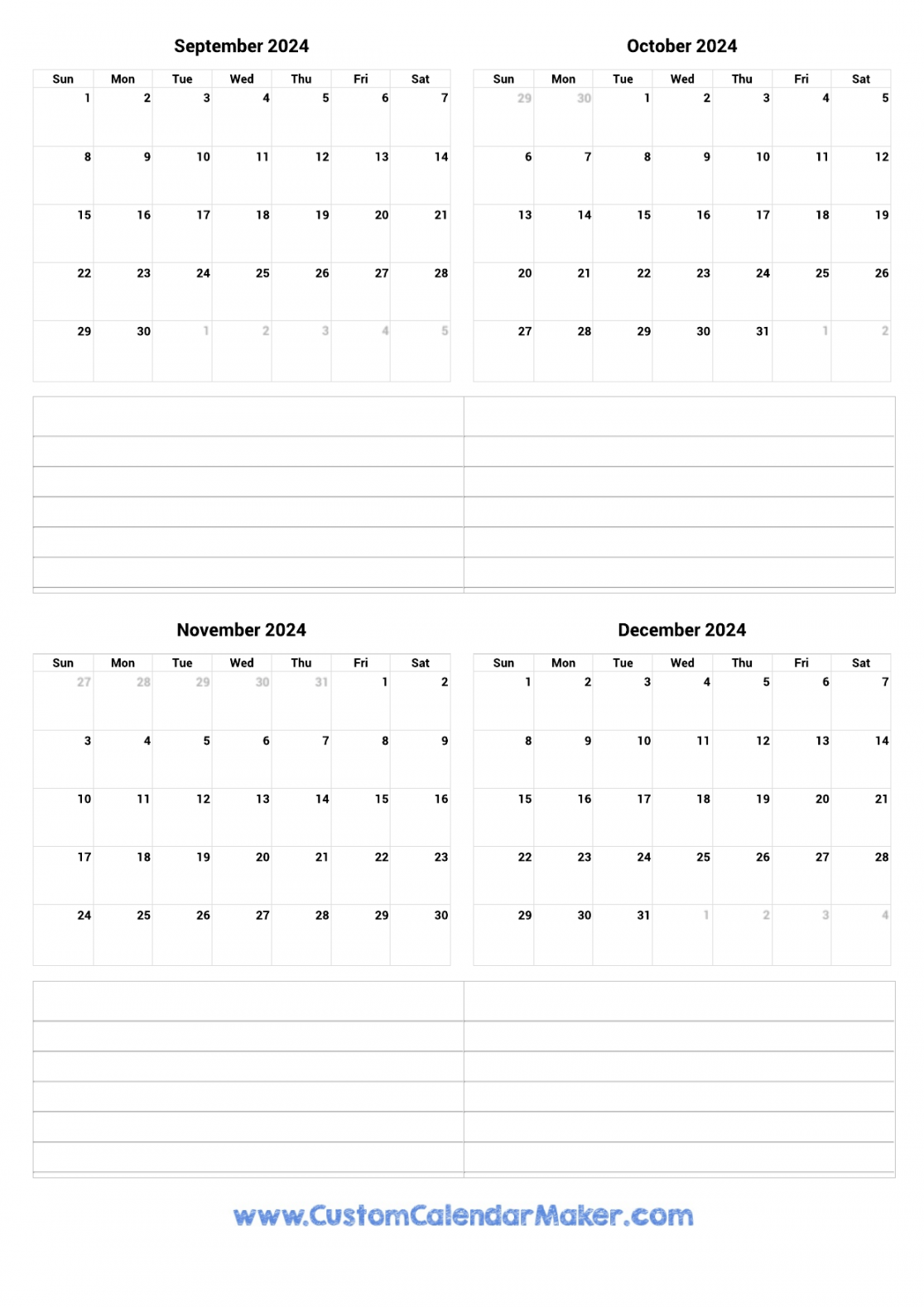 September to December  Printable Calendar