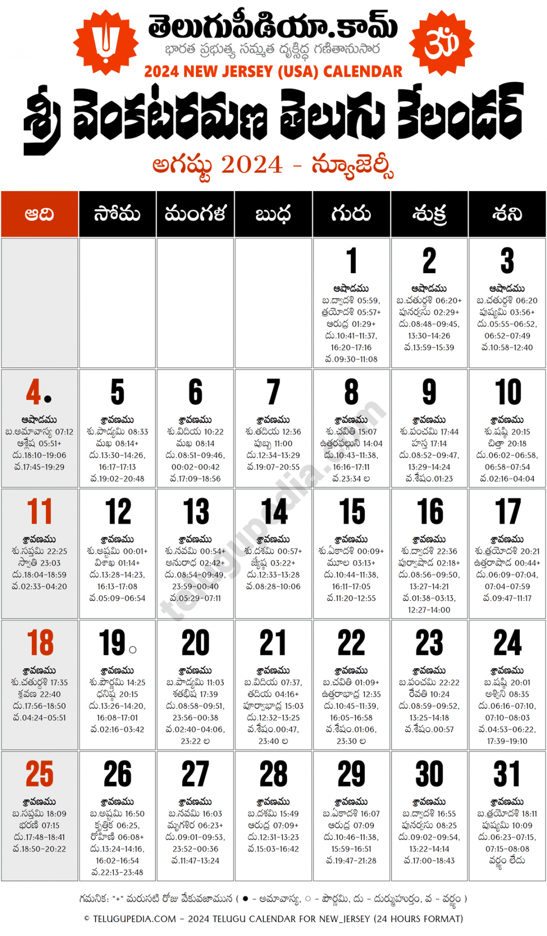 Telugu Calendar  August New Jersey - Telugu Pedia