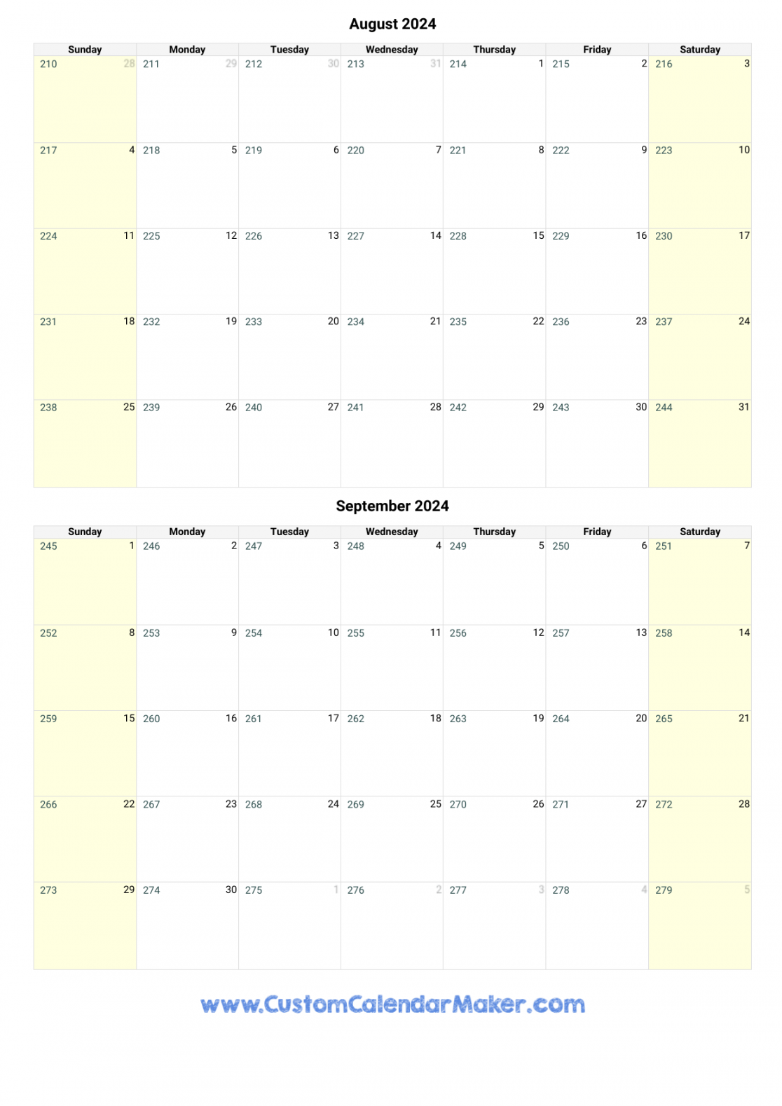 August and September  Printable Calendar Template