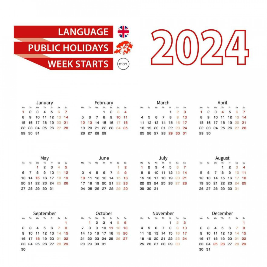 Calendar  in English language with public holidays the country