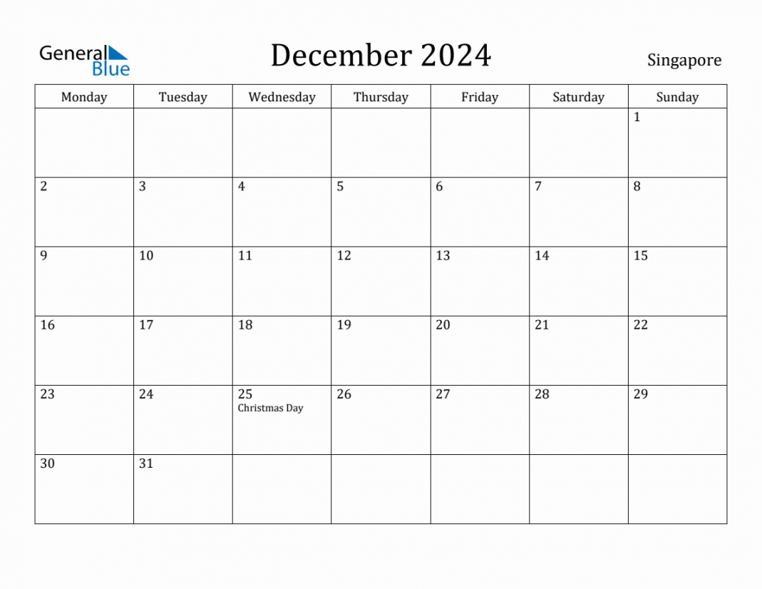 December  - Singapore Monthly Calendar with Holidays