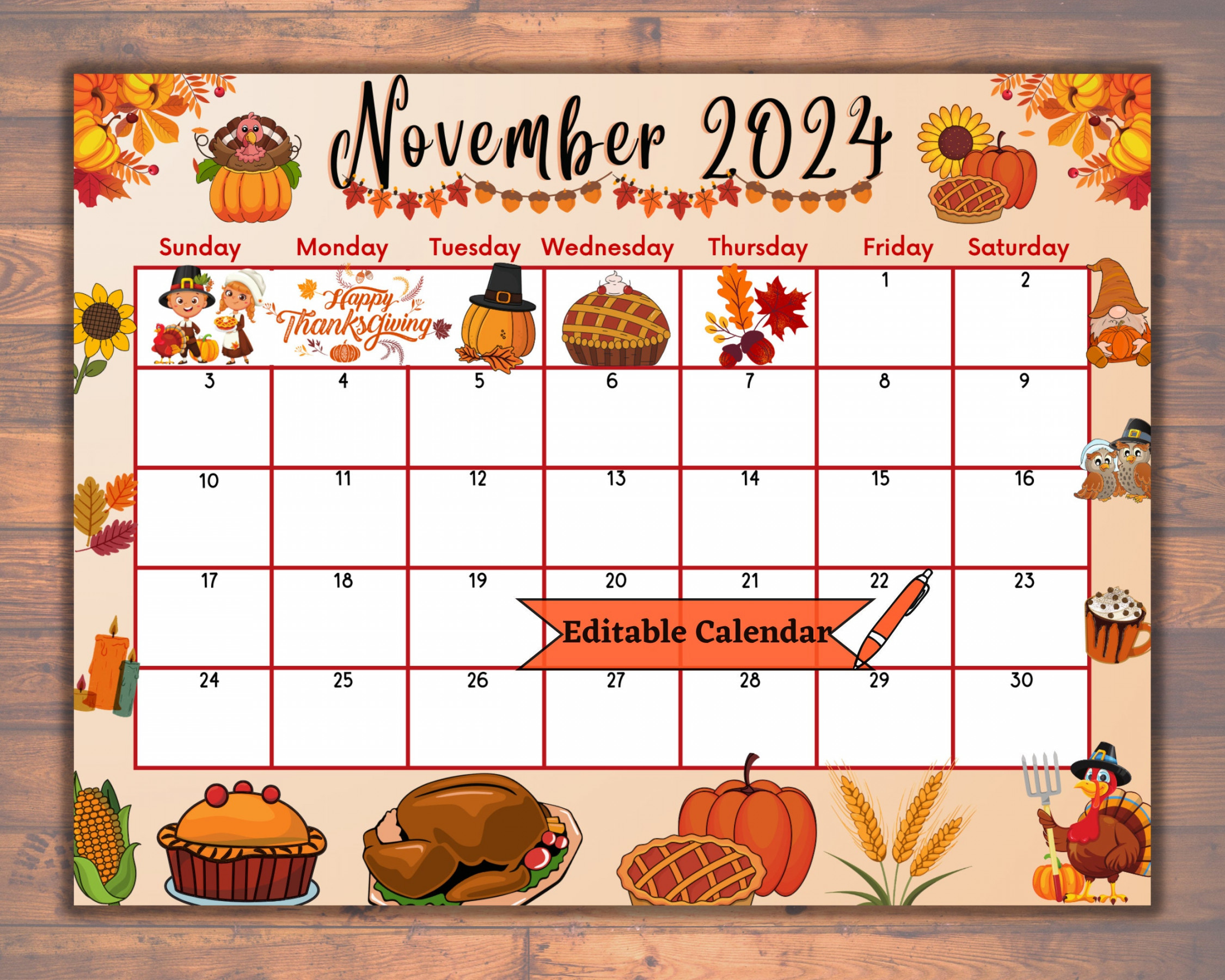 Editable November  Calendar, Fillable, Printable, Happy