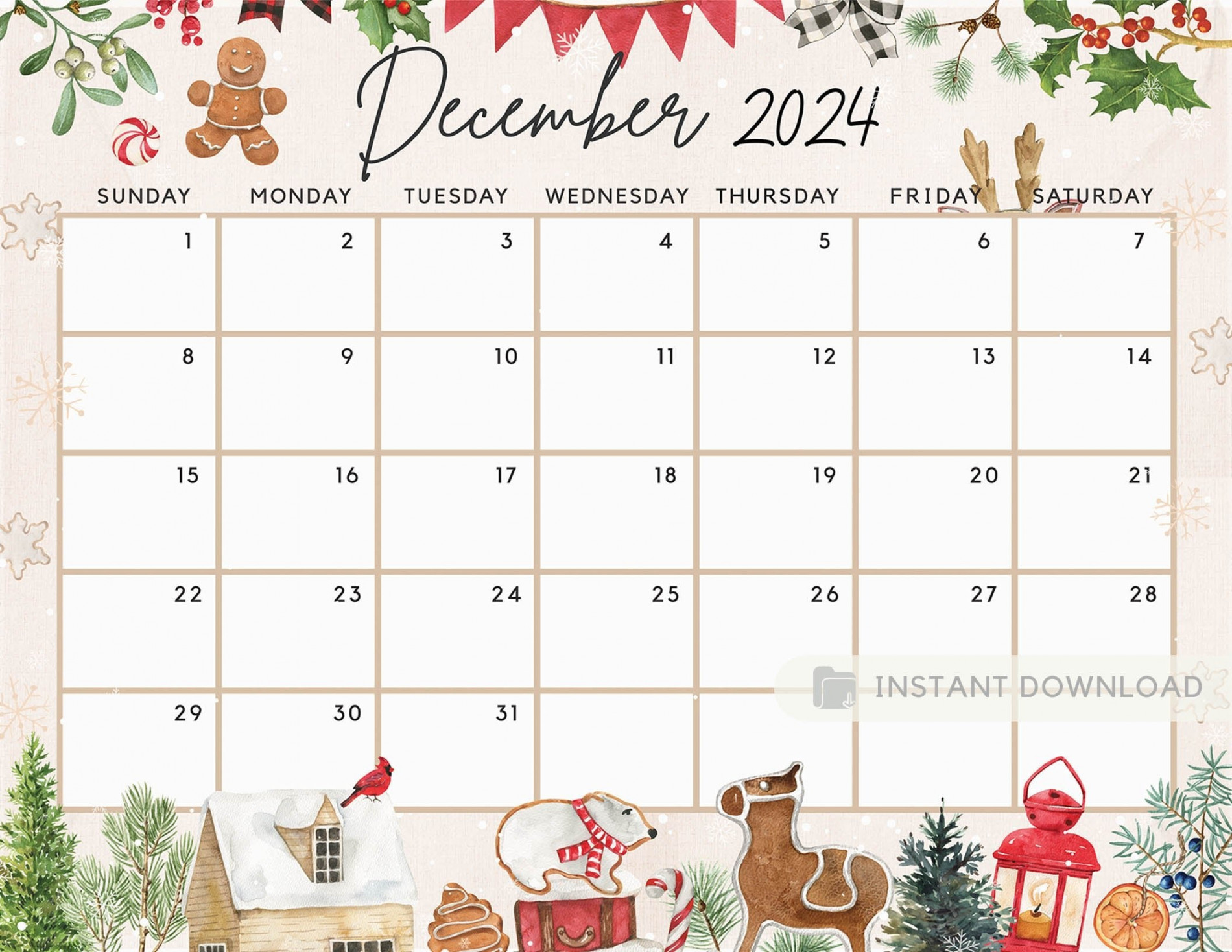 Fillable December  Calendar, Cute Festive Snowy Winter