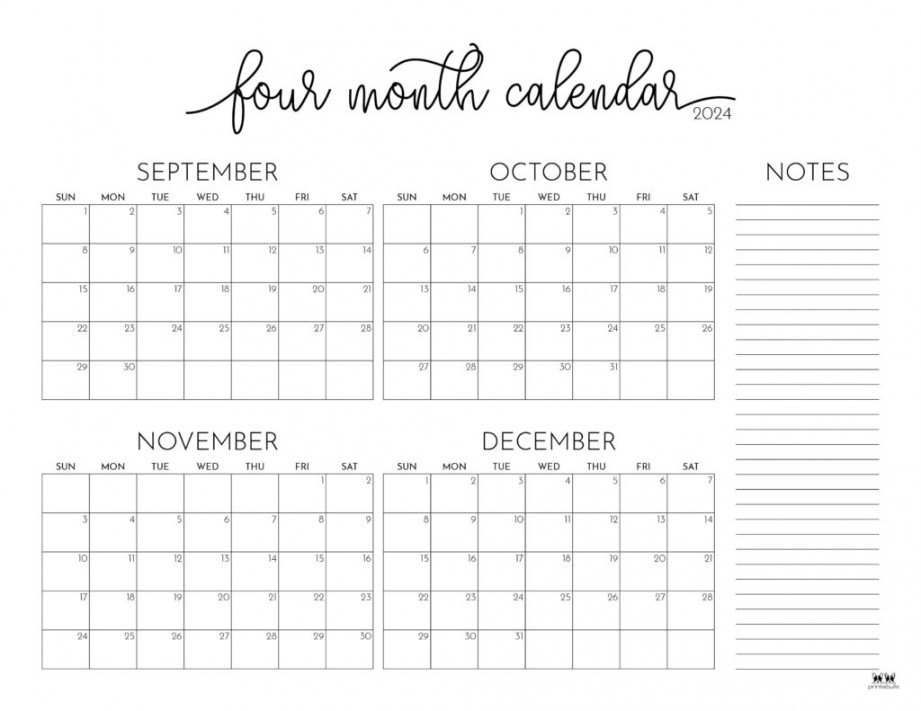 Four Month Calendars -  FREE Printables  Printabulls