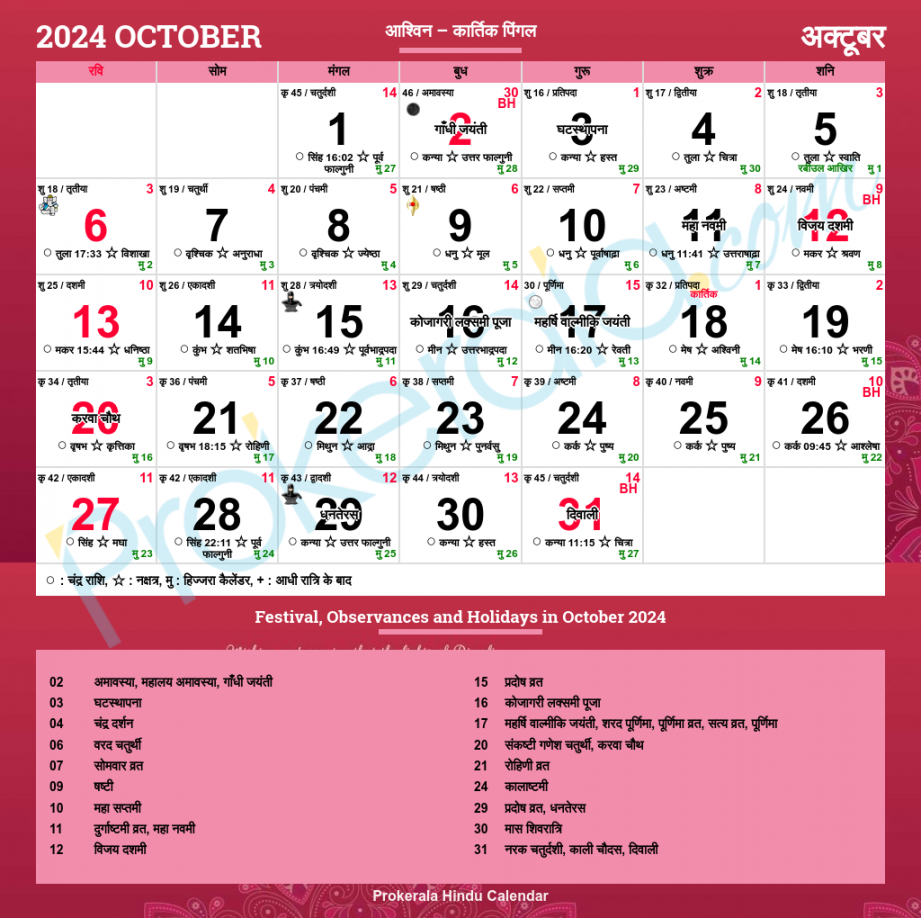 Hindu Calendar October,   हिन्दू कैलेंडर