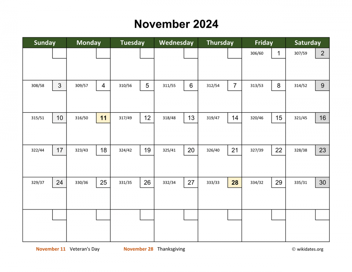 November  Calendar with Day Numbers  WikiDates