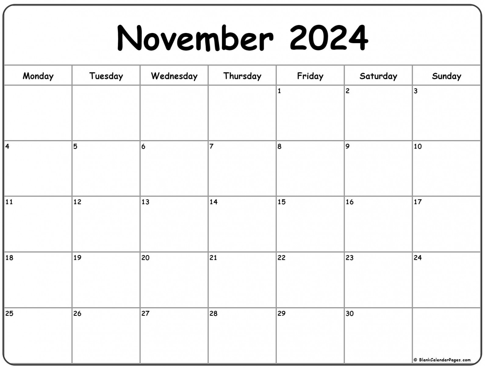 November  Monday Calendar  Monday to Sunday