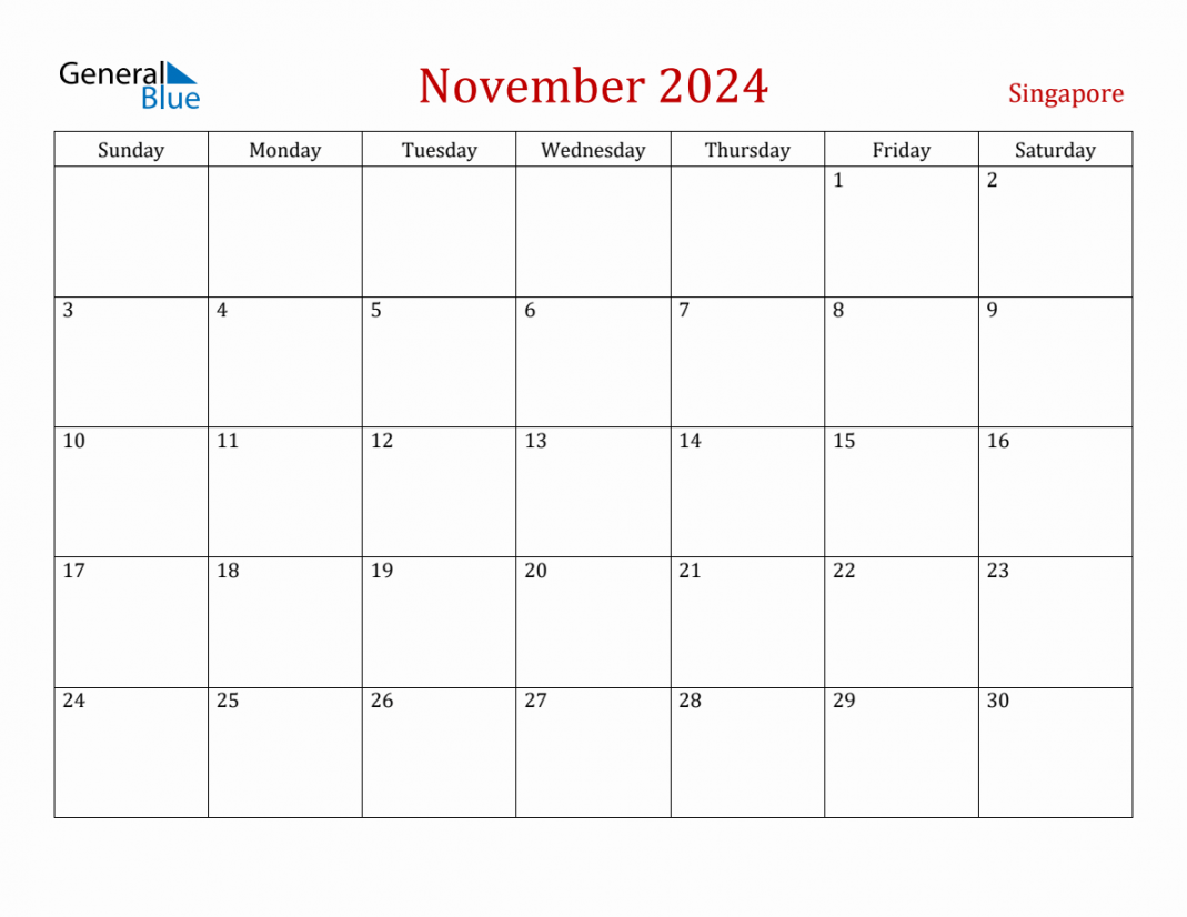 November  Singapore Monthly Calendar with Holidays