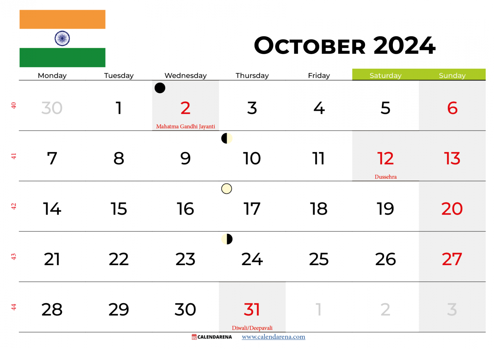 October  Calendar India