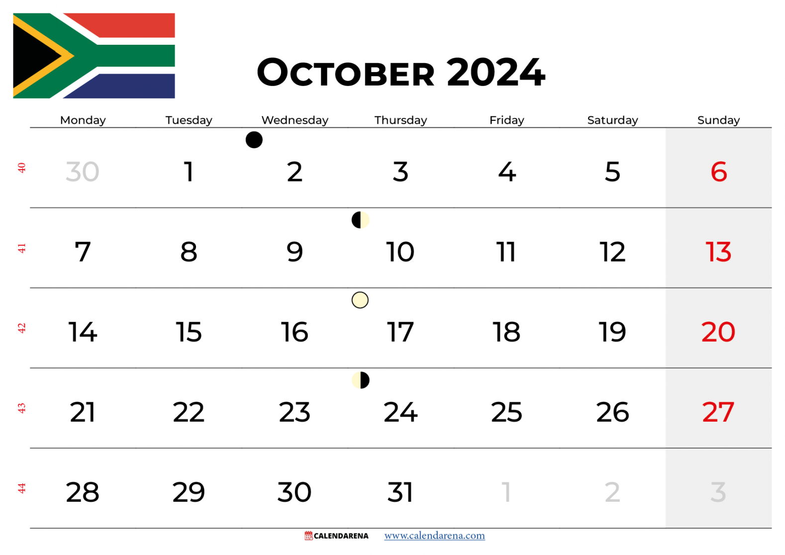 October  Calendar South Africa