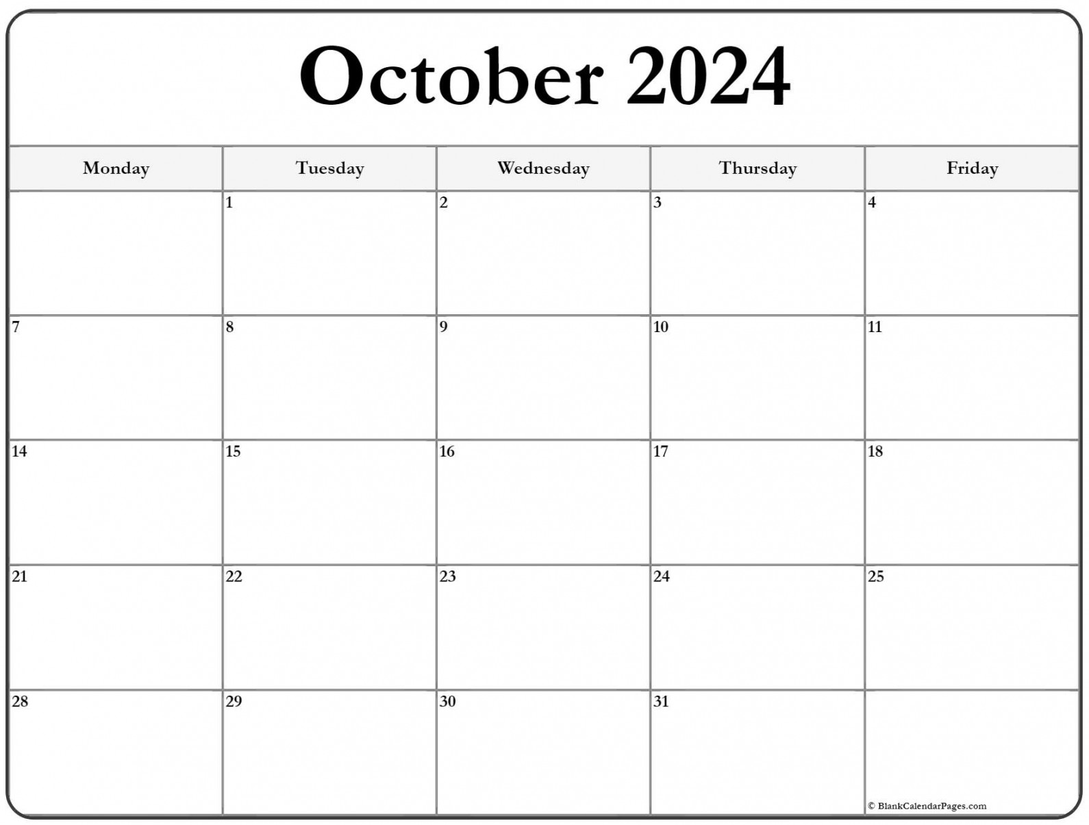 October  Monday Calendar  Monday to Sunday