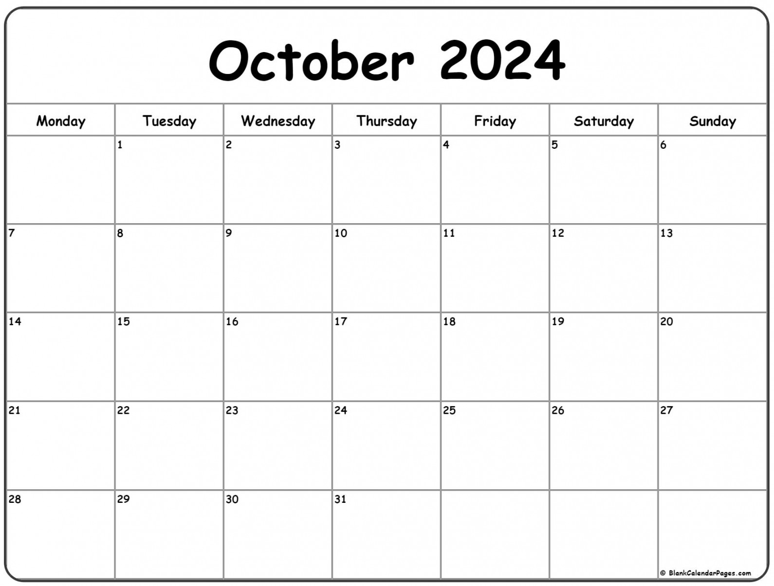 October  Monday Calendar  Monday to Sunday