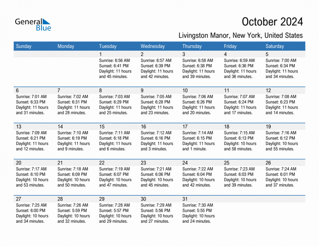 October  Sunrise and Sunset Calendar for Livingston Manor (PDF