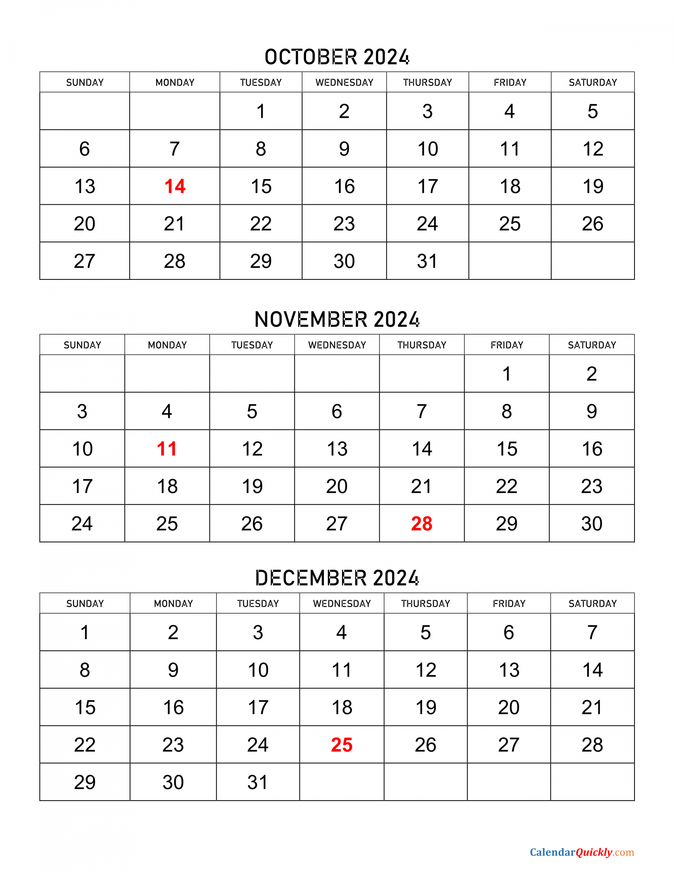 October to December  Calendar  Calendar Quickly