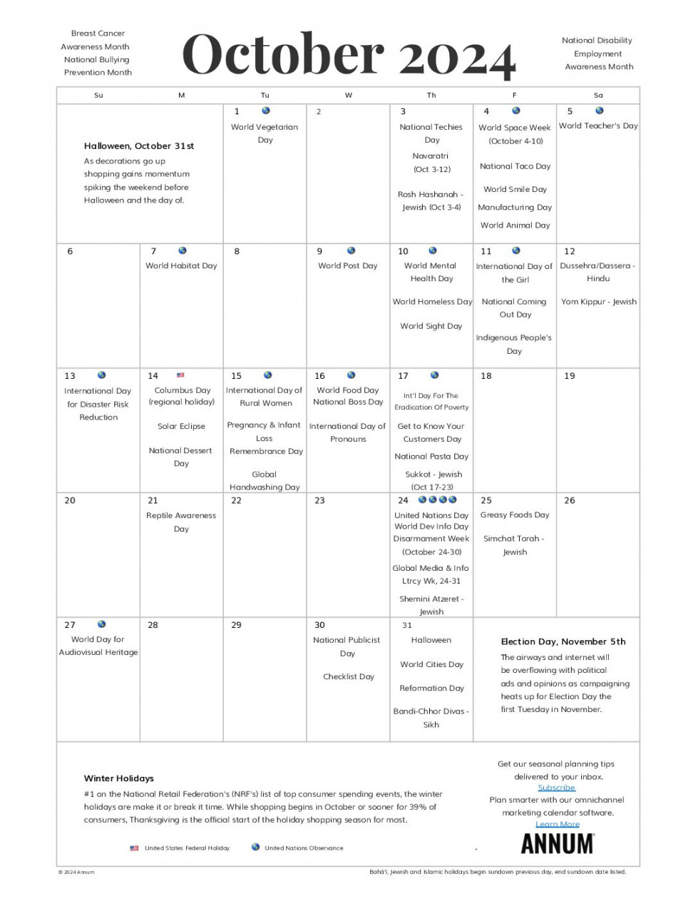 Printable October  Calendar  October Holidays  Annum