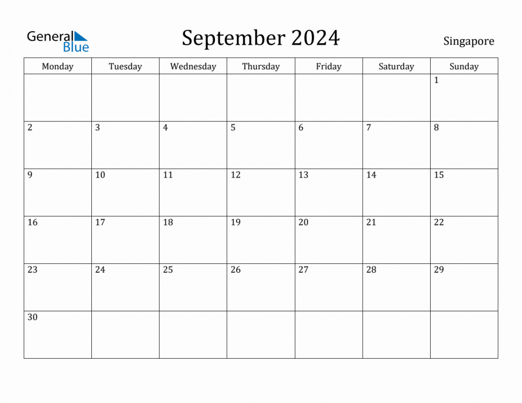 September  - Singapore Monthly Calendar with Holidays