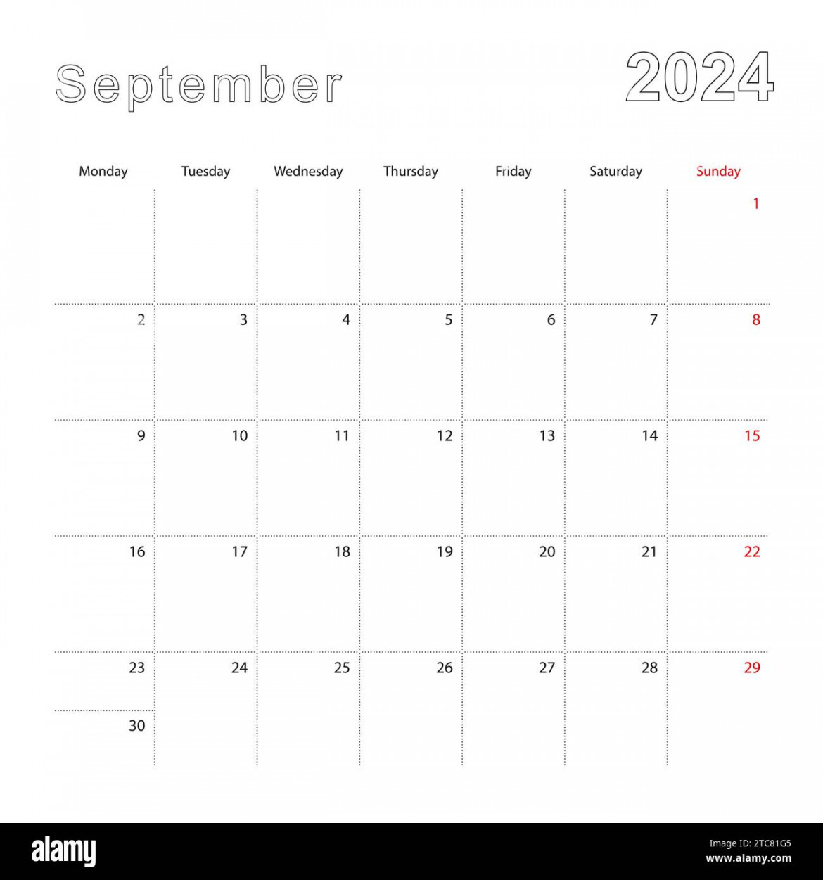 Simple wall calendar for September  with dotted lines