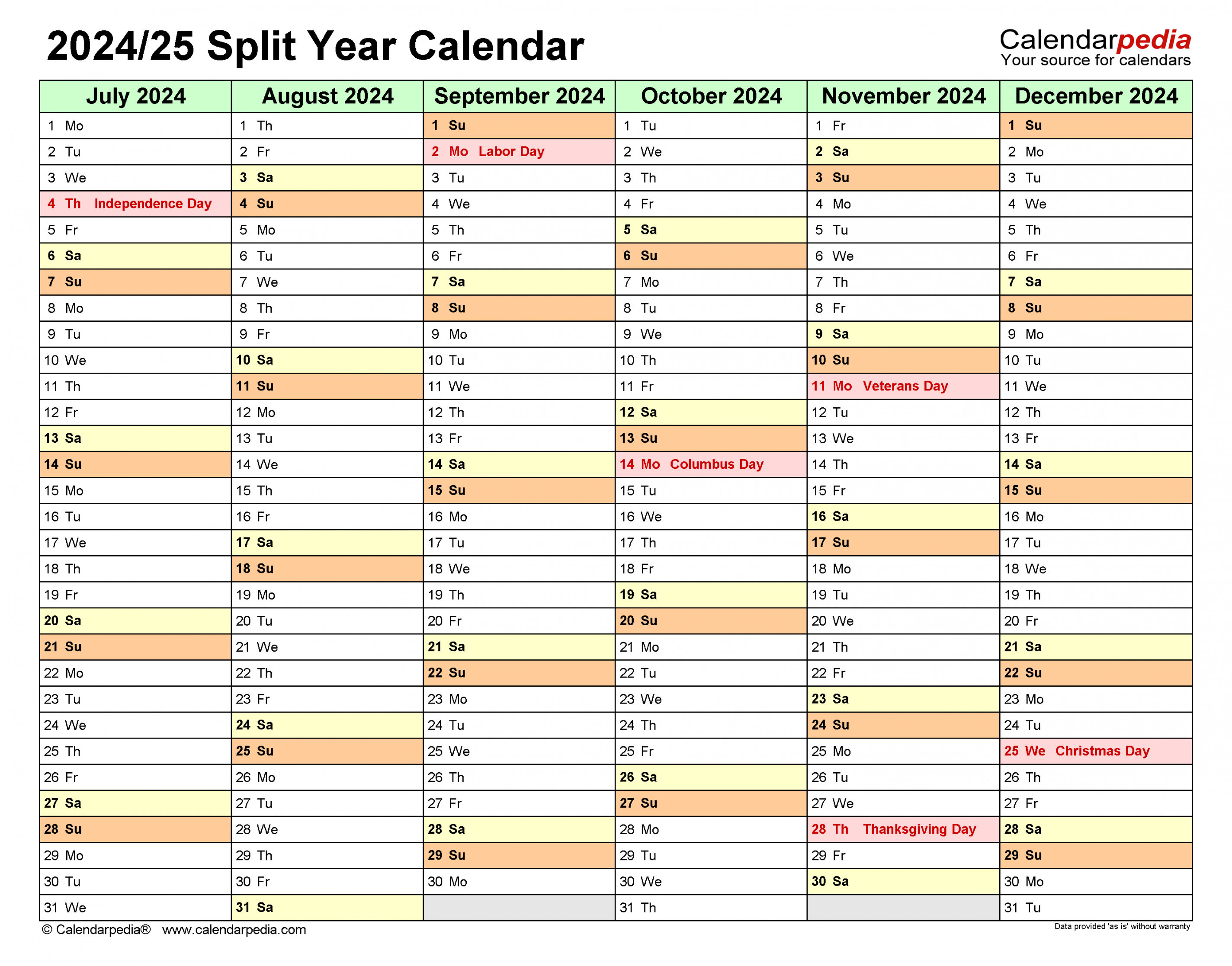 Split Year Calendars / (July to June) - PDF templates