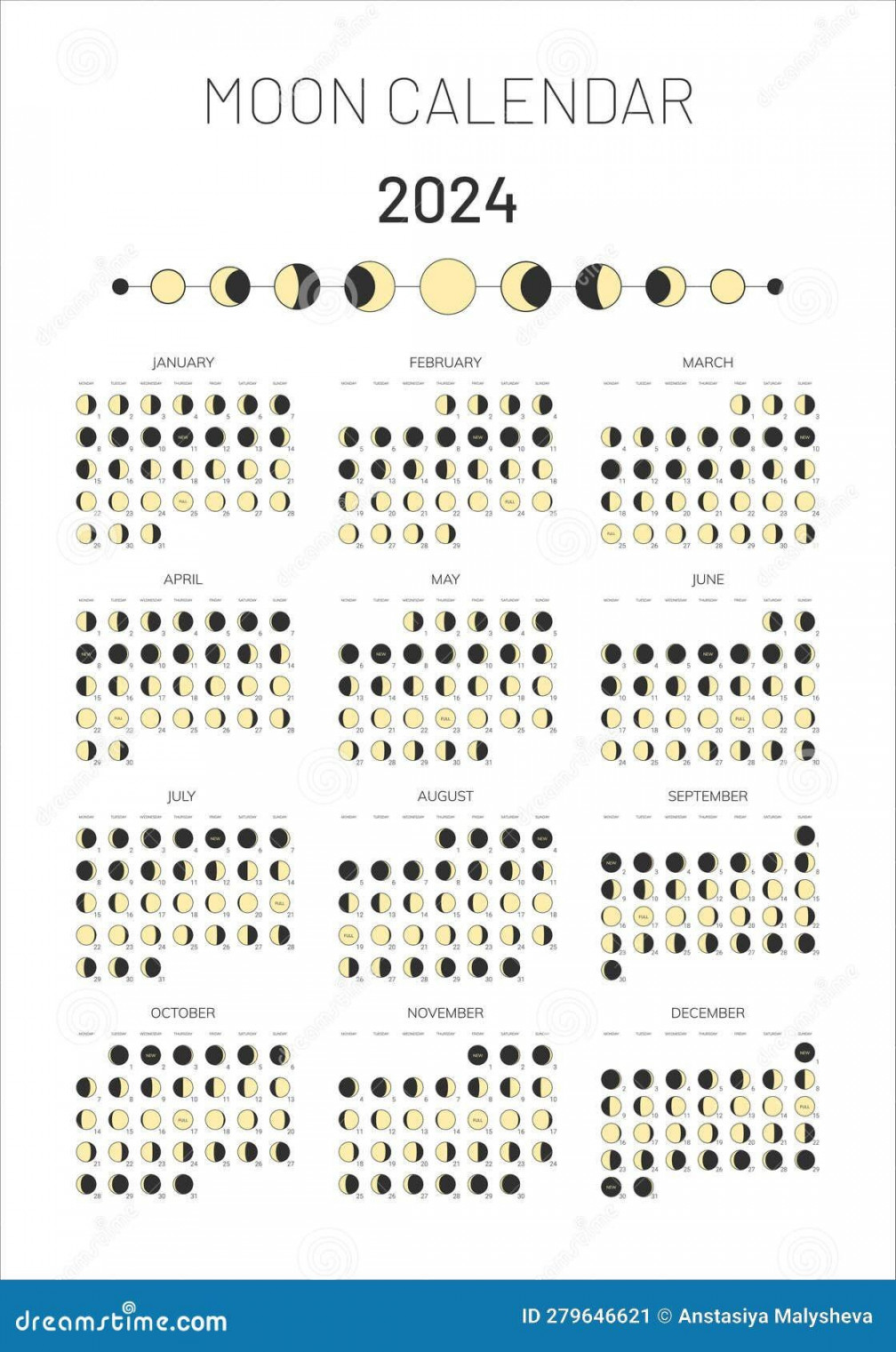 Year Moon Calendar Template, Moonlight Activity Stages