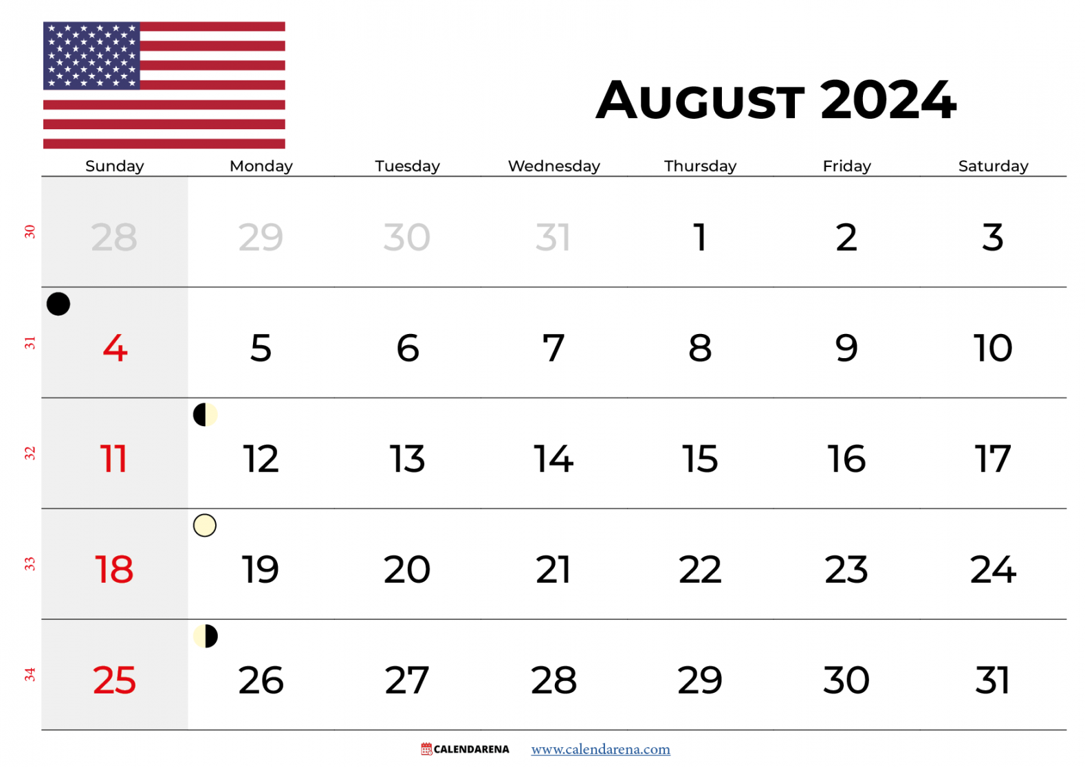 August  Calendar USA