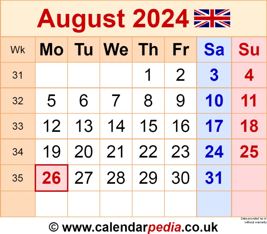 Calendar August  UK with Excel, Word and PDF templates