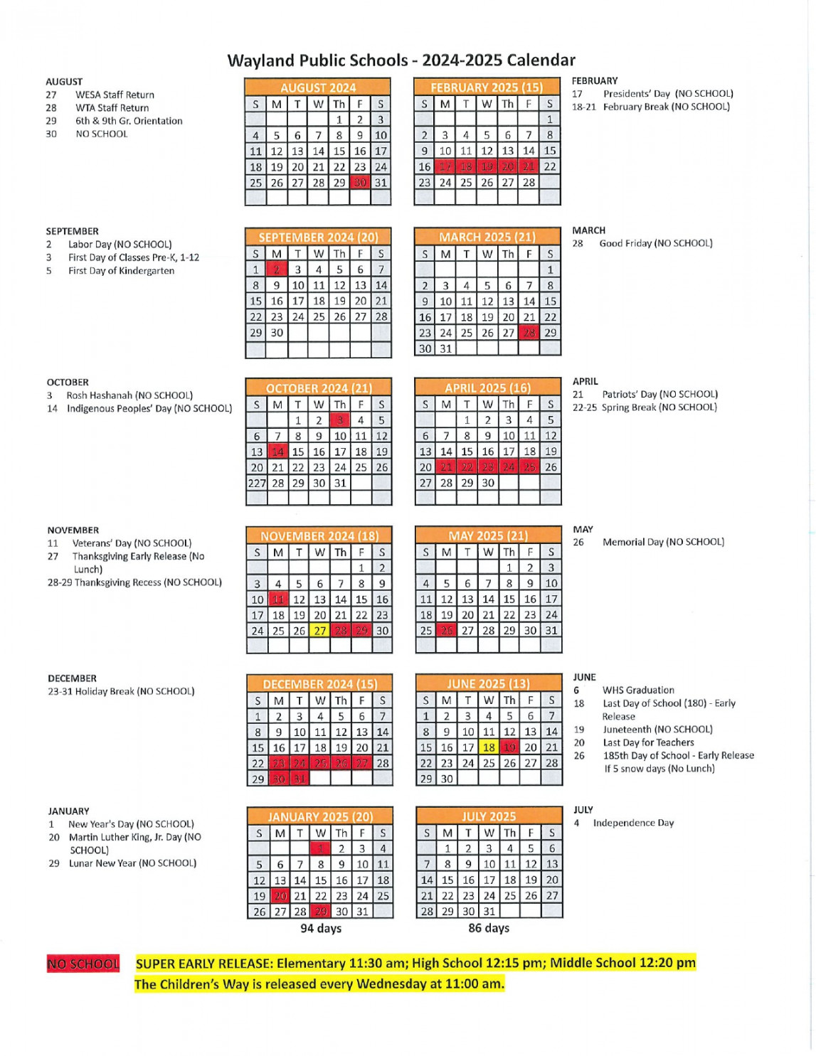 Wayland Public Schools Calendar - [Yearly Calendar]