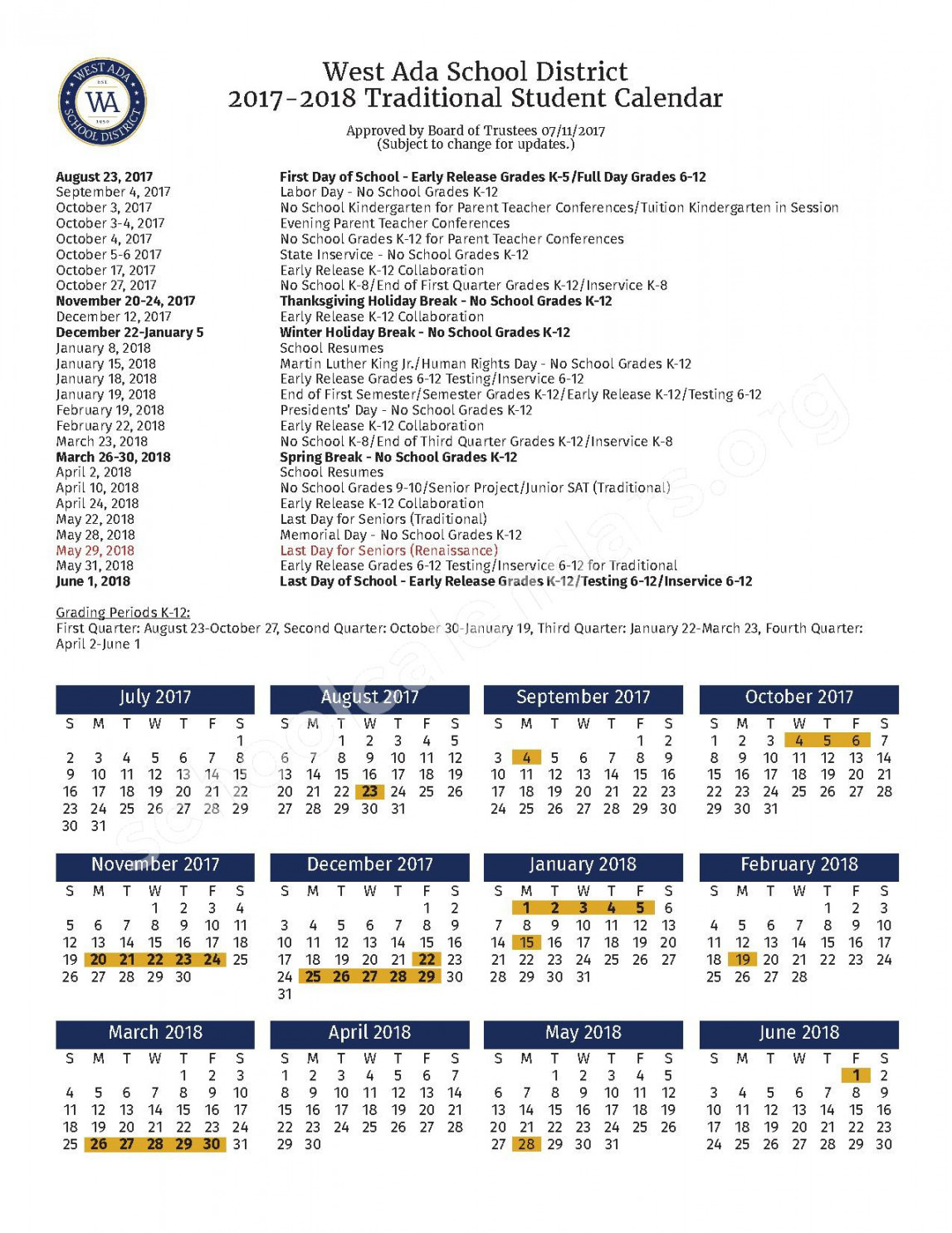 West Ada School District Calendars – Meridian, ID