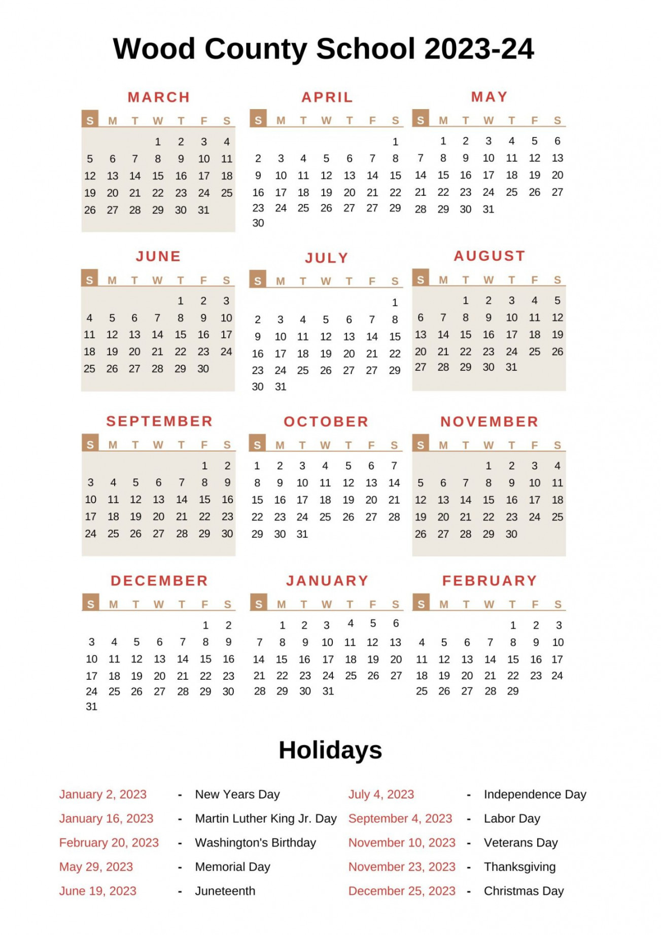 Wood County Schools Calendar   With Holidays - CountyForms