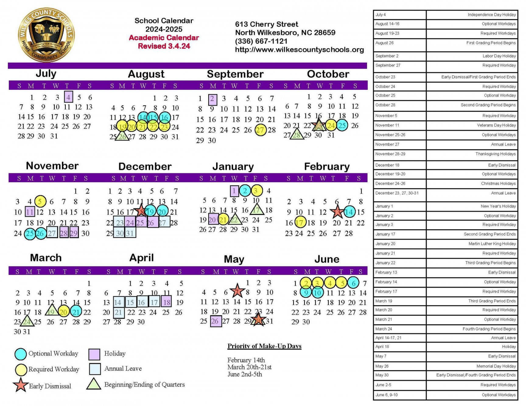 Year-at-a-Glance District Calendars – District – Wilkes County Schools