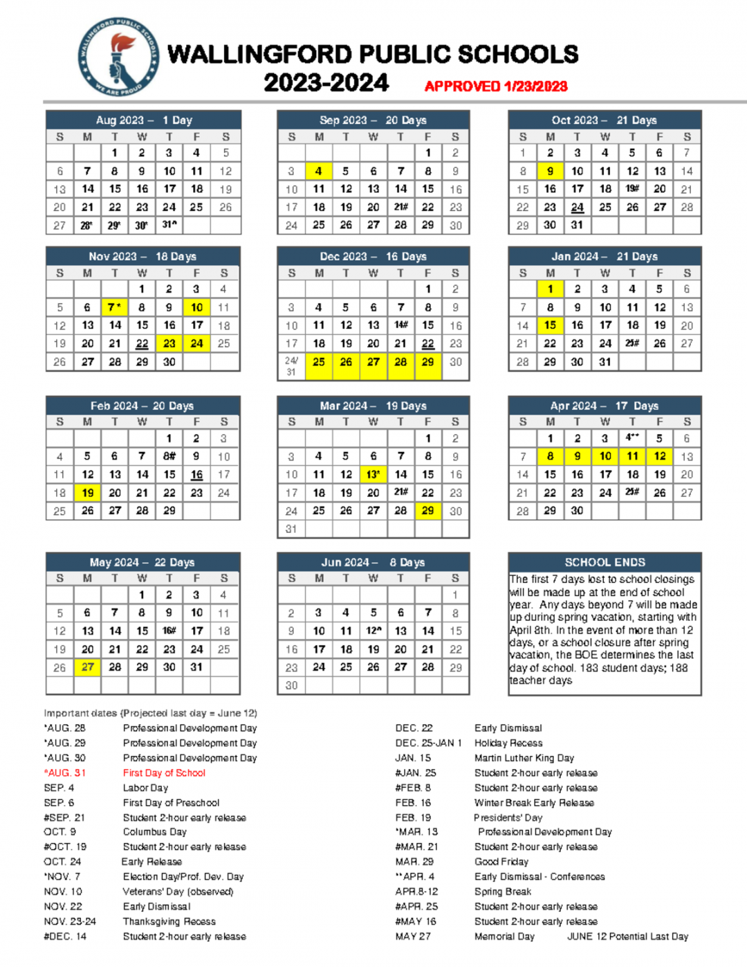 Calendar - - yes - WALLINGFORD PUBLIC SCHOOLS  -