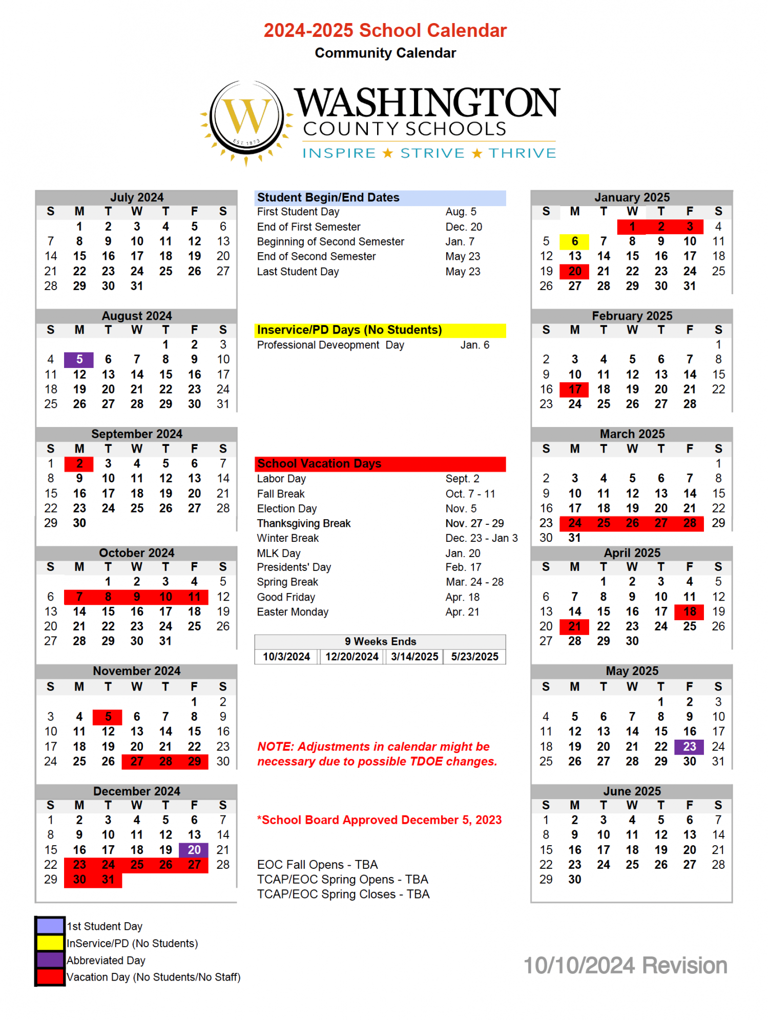 District Calendar  Washington County Schools