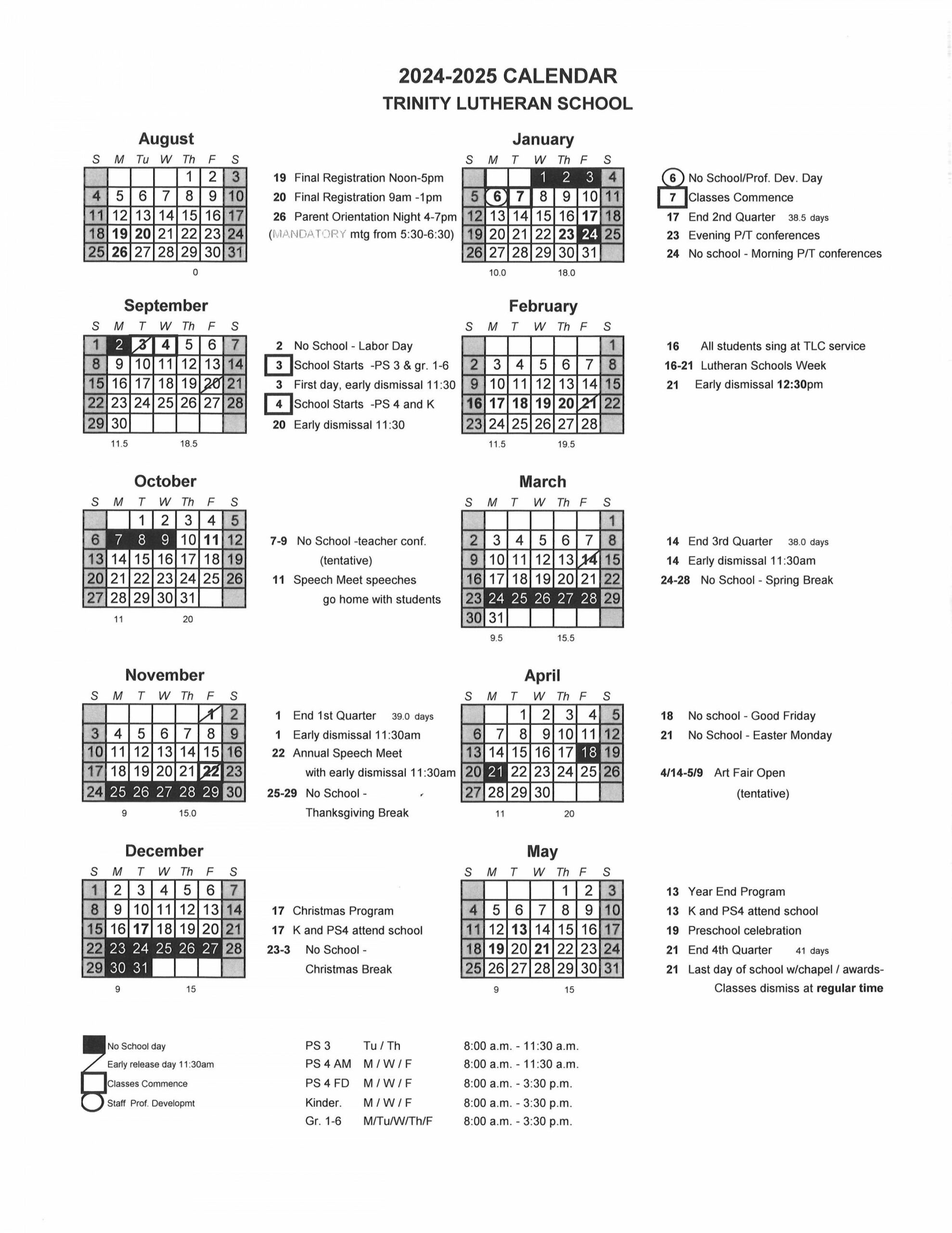 School Calendar  Trinity Lutheran Church & School