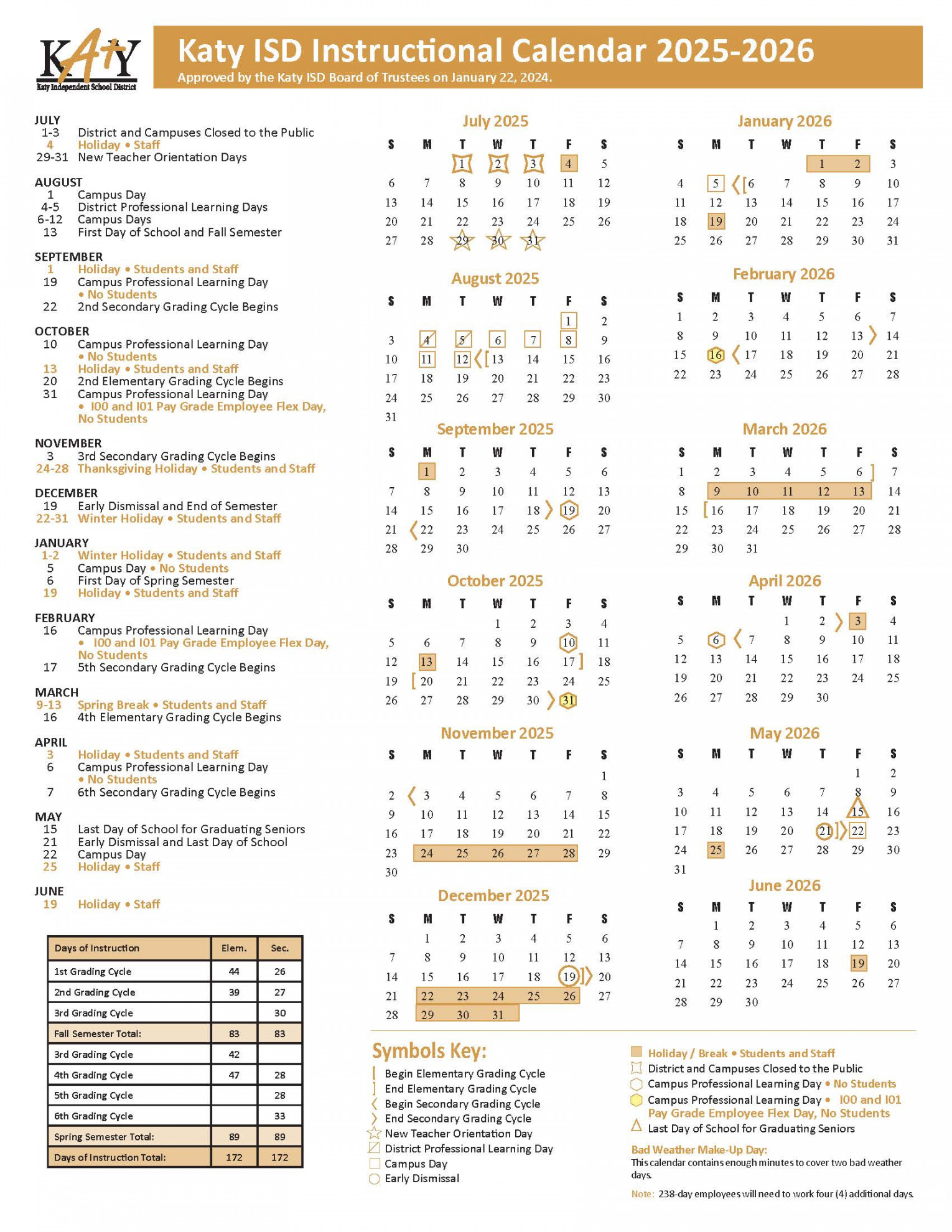 Katy ISD Approves - Instructional Calendar