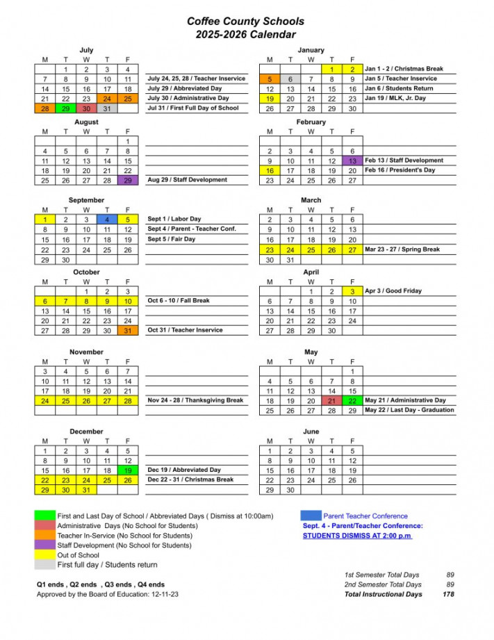 Manchester City Schools and Coffee County Schools Calendars match