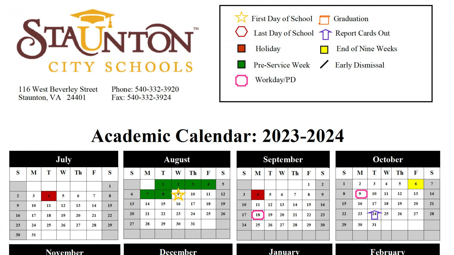 Staunton City Schools - student calendar