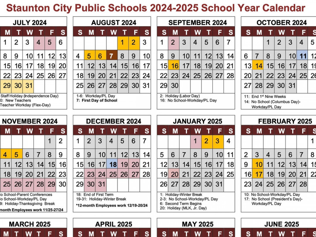 Staunton Schools calendar approved for - academic year