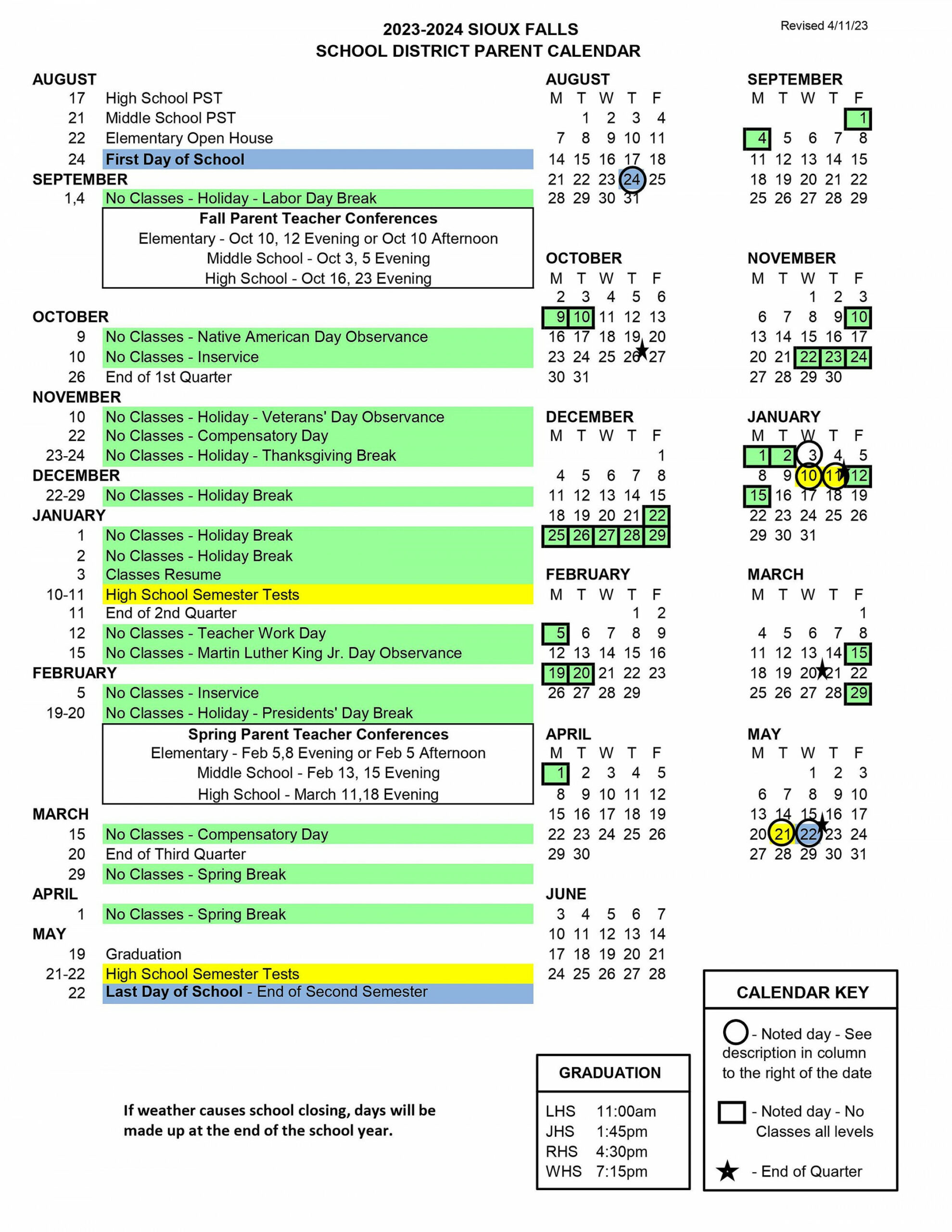 Here is the Sioux Falls School District Calendar -